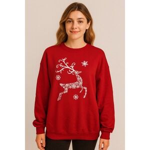 Vintage JERZEES Red Reindeer Snowflake Christmas Holiday Sweatshirt Women's XL
